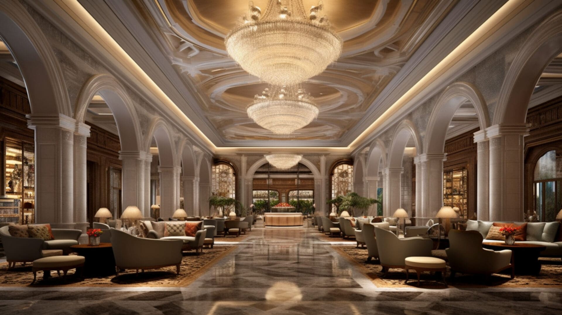 Interior of a hotel lobby. Generative AI